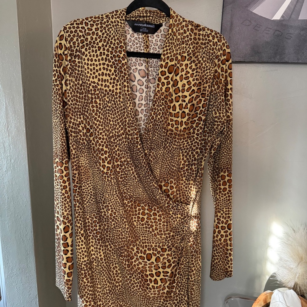 Norma Kamali Cocoa Animal Leopard Print Long Sleeve Ruched Midi Dress Sz XL